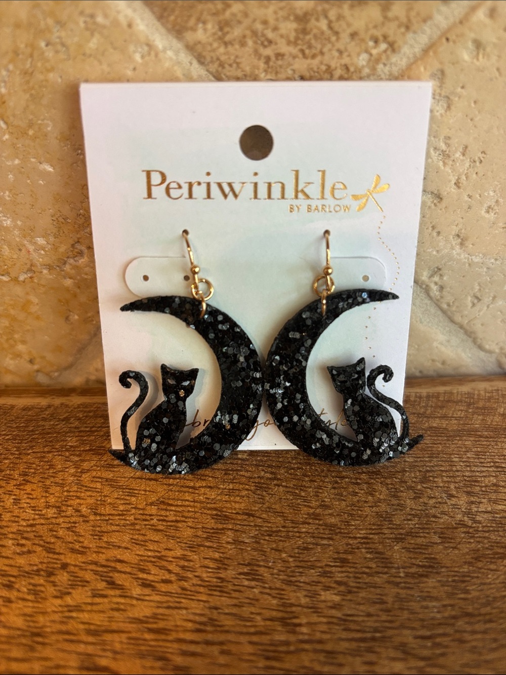 Periwinkle Black Glitter Cat Crescent Moon Earrings -New